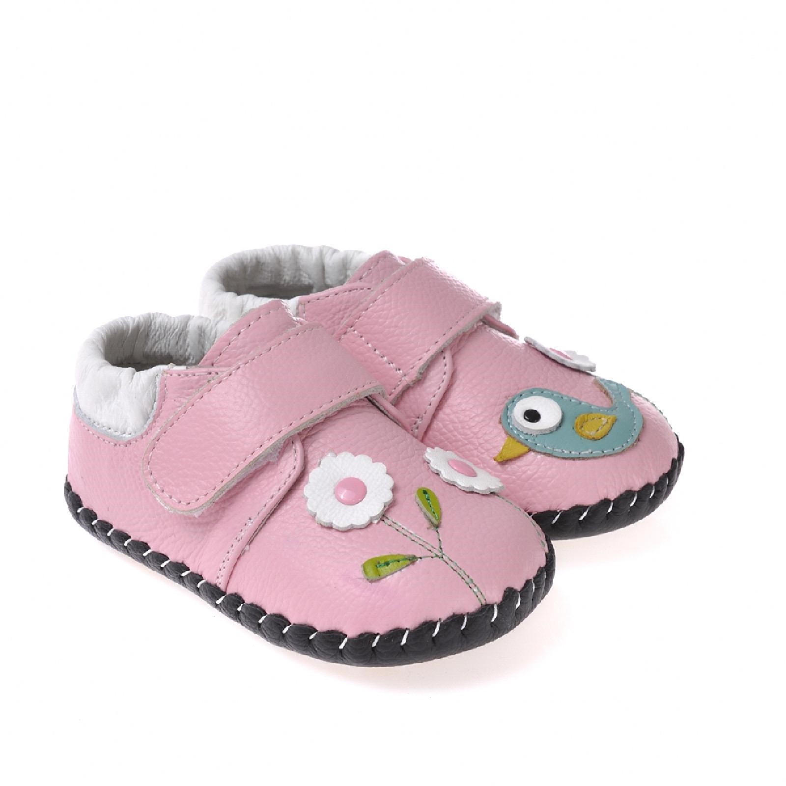 Caroch Krabbelschuhe Lauflernschuhe aus Leder - #1321 Vogel und Blümchen in rosa