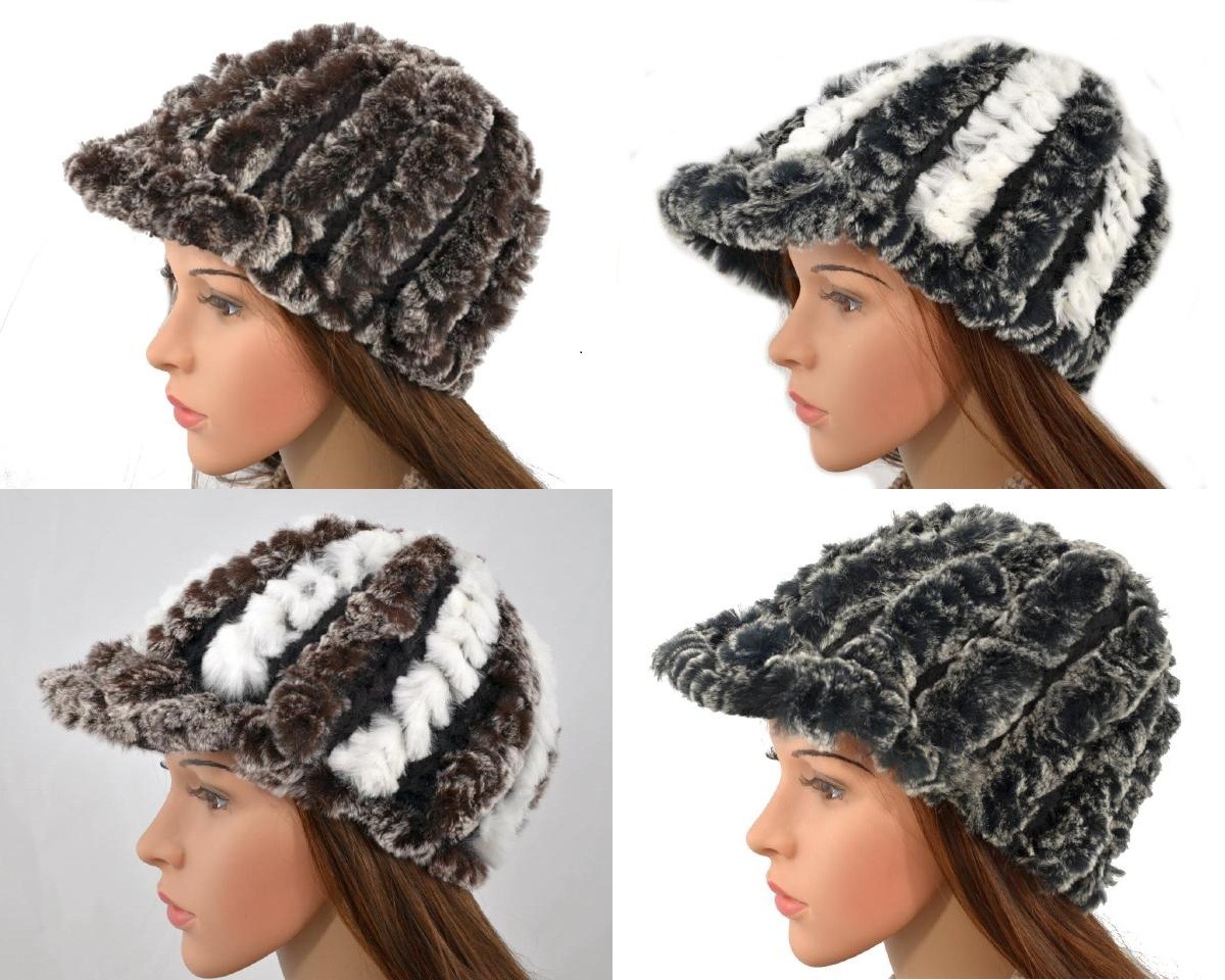 Winter Kaninchen Fell Stickmütze Beanie mit Schirm 