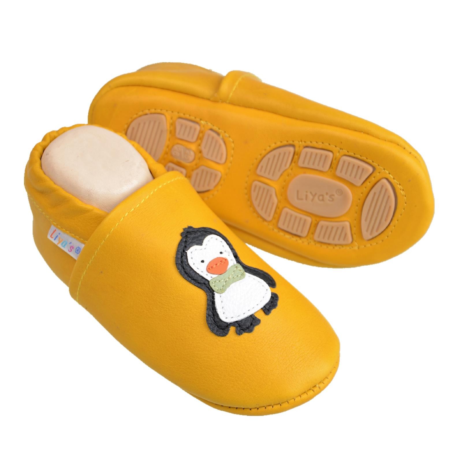 Liya's Hausschuhe Lederpuschen mit Teilgummisohle - #621 Pinguin in goldgelb
