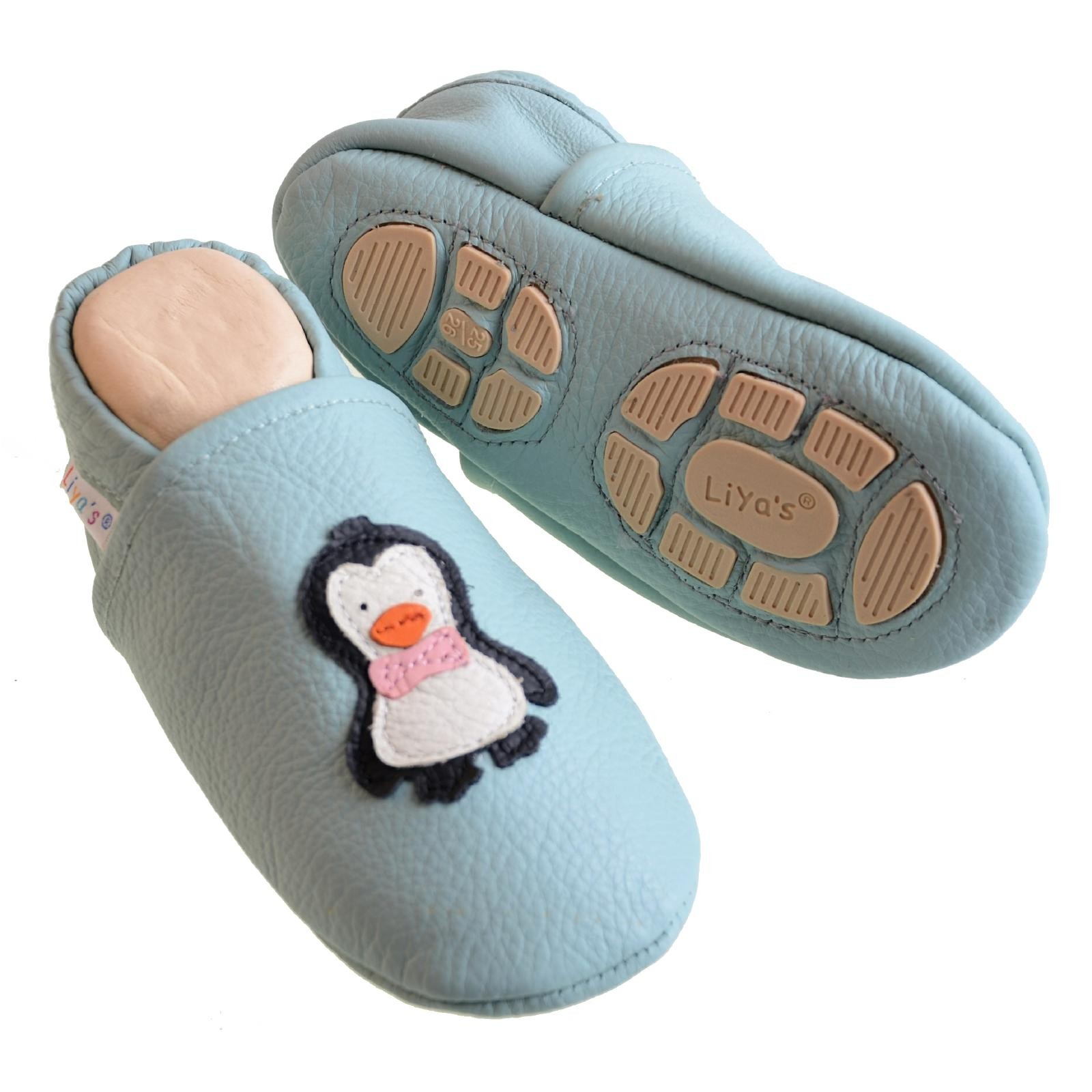 Liya's Hausschuhe Lederpuschen mit Teilgummisohle - #621 Pinguin in babyblau