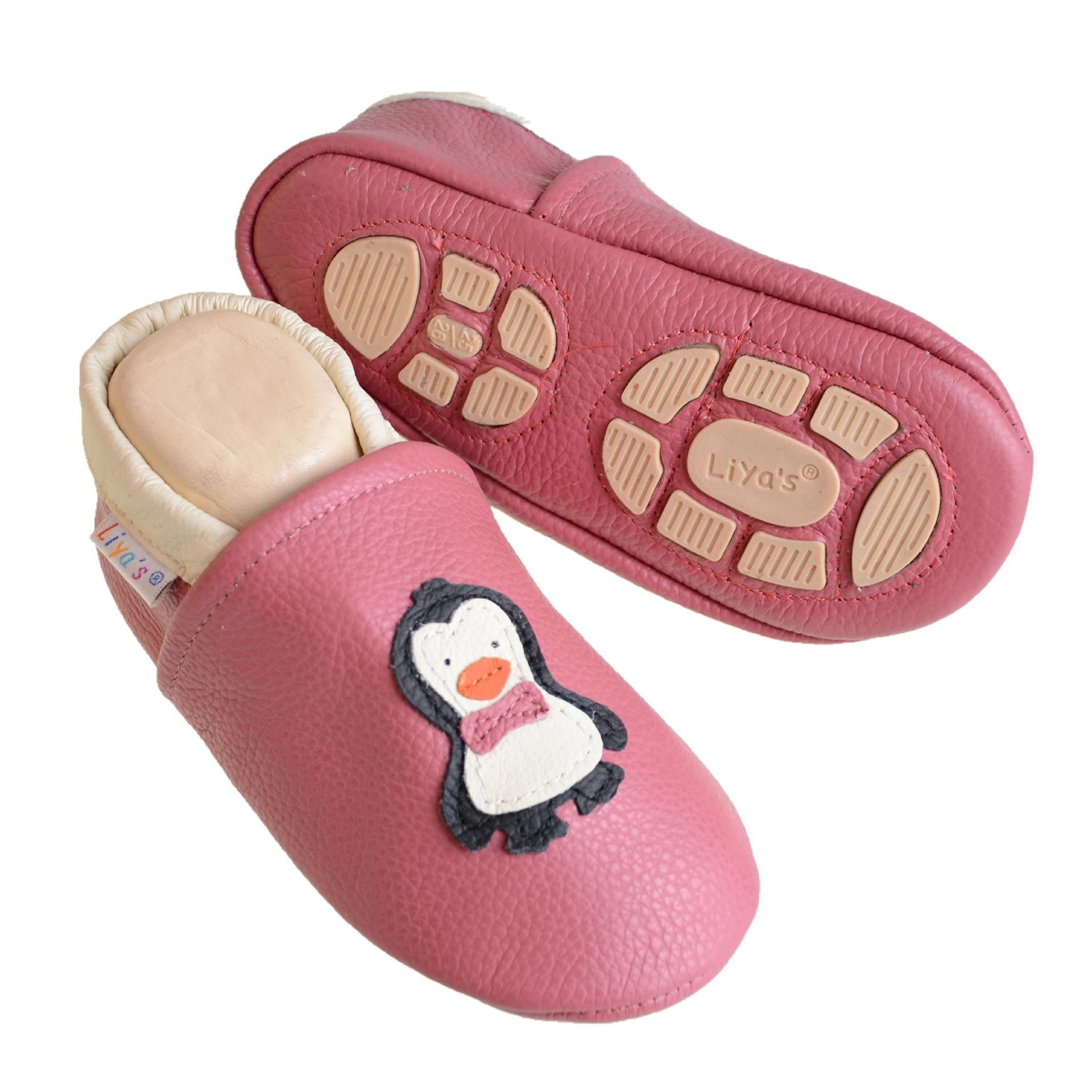 Liya's Hausschuhe Lederpuschen mit Teilgummisohle - #621 Pinguin in Rosé