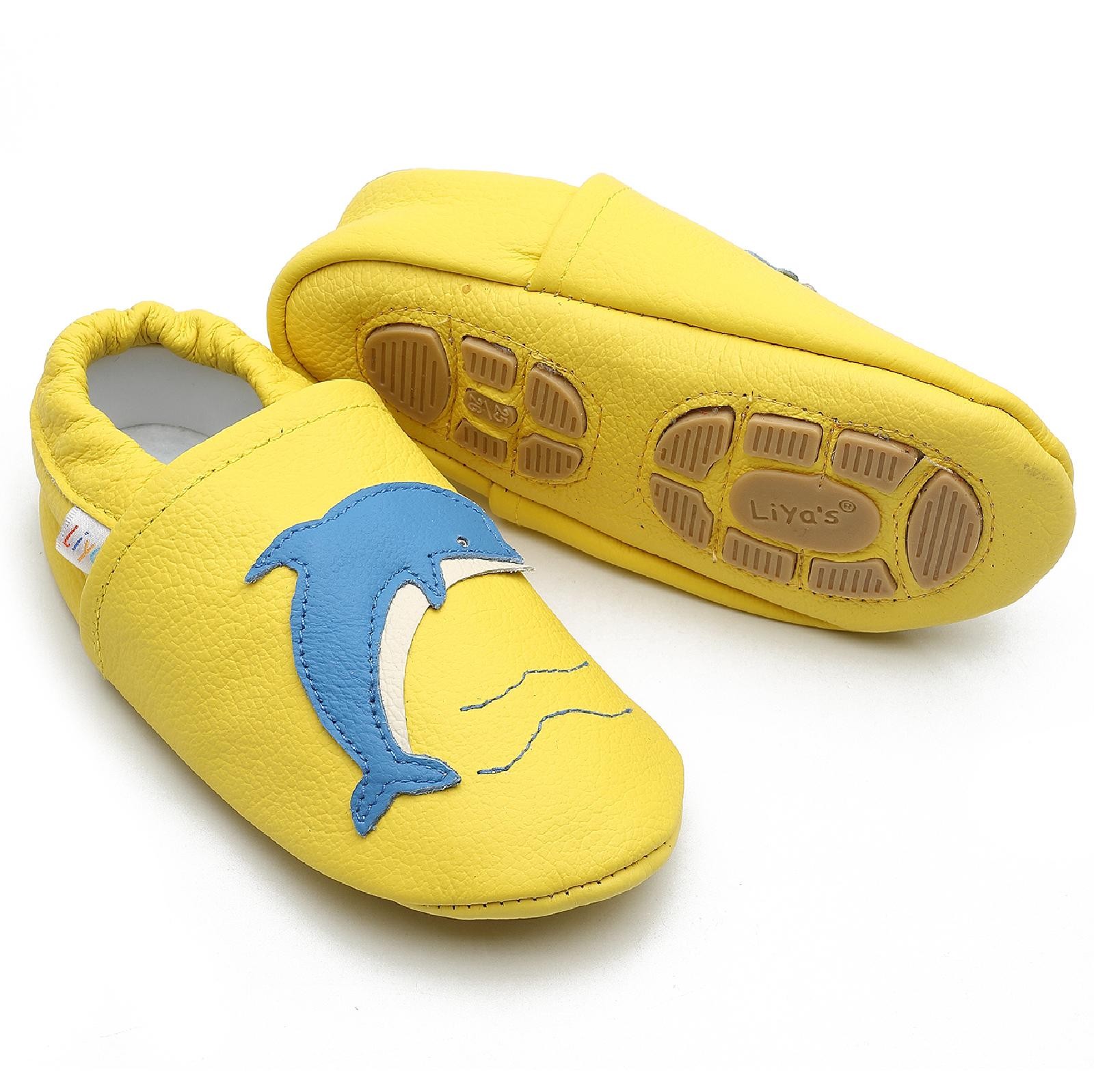 Liya's Hausschuhe Lederpuschen mit Teilgummisohle- #640 Delfin in gelb