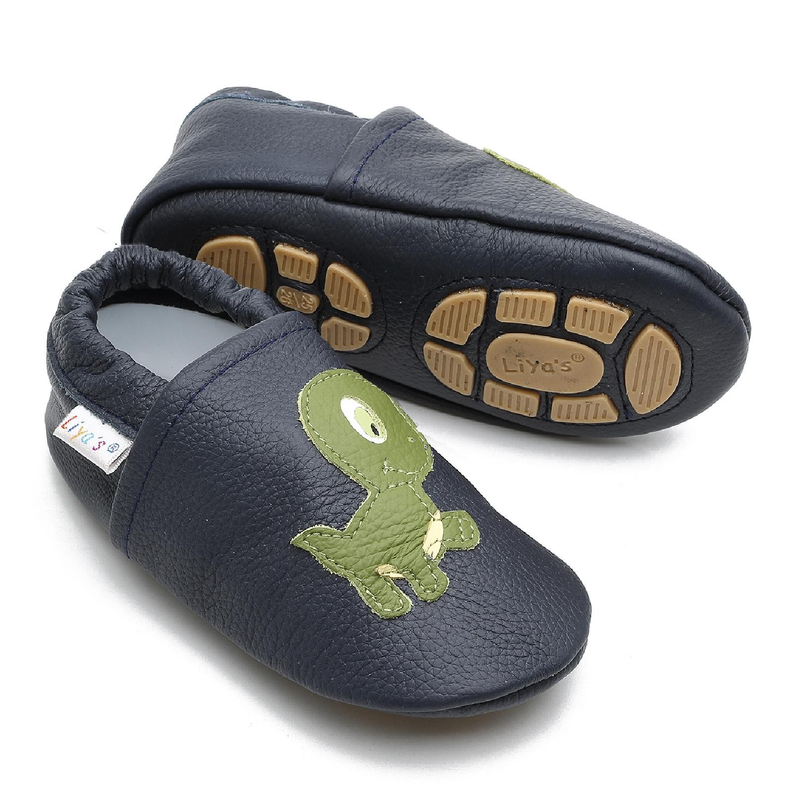 Liya's HausschuheLederpuschen mit Teilgummisohle #665 Kleiner Dino in dunkelbl 