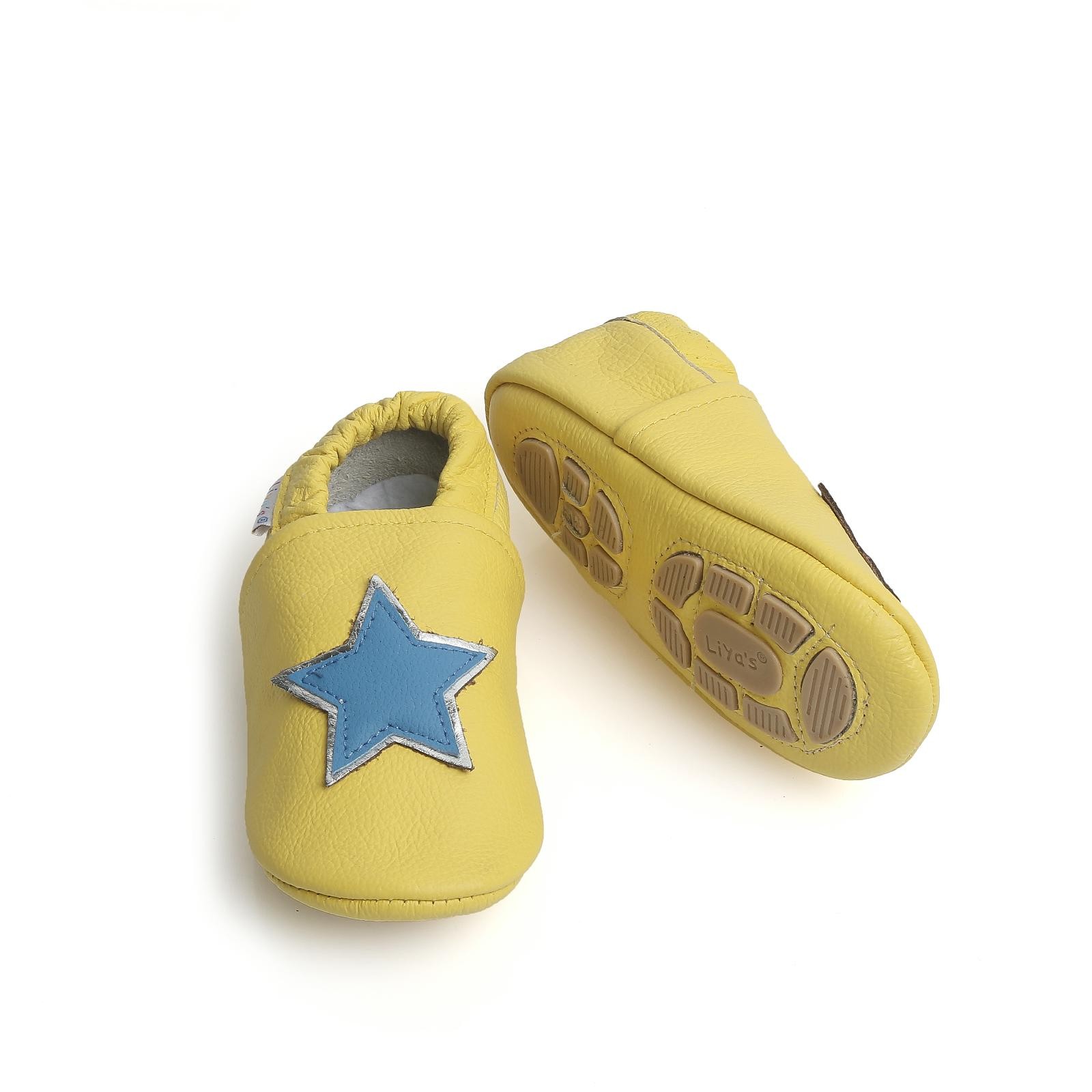 Liya's Hausschuhe Lederpuschen mit Teilgummisohle - #696 Stern in gelb