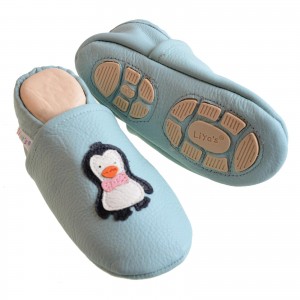 Liya's Hausschuhe Lederpuschen mit Teilgummisohle - #621 Pinguin in babyblau